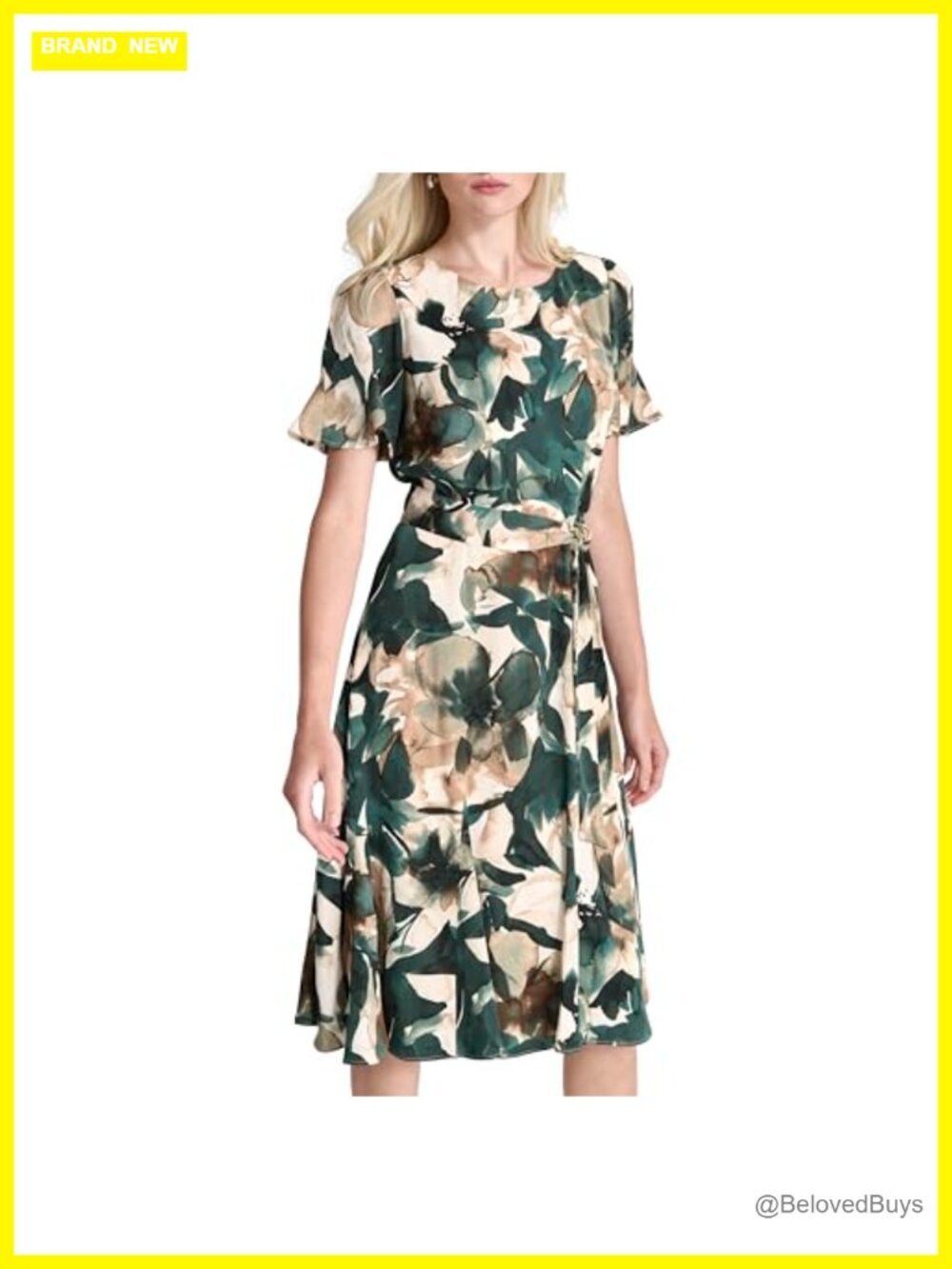 Flutter Sleeve Waist Tie Midi Dress Fit & Flare Work Evening